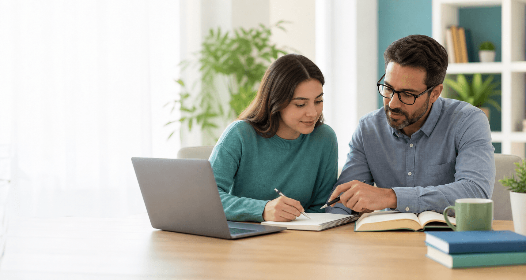 An English tutor and student reviewing writing notes together