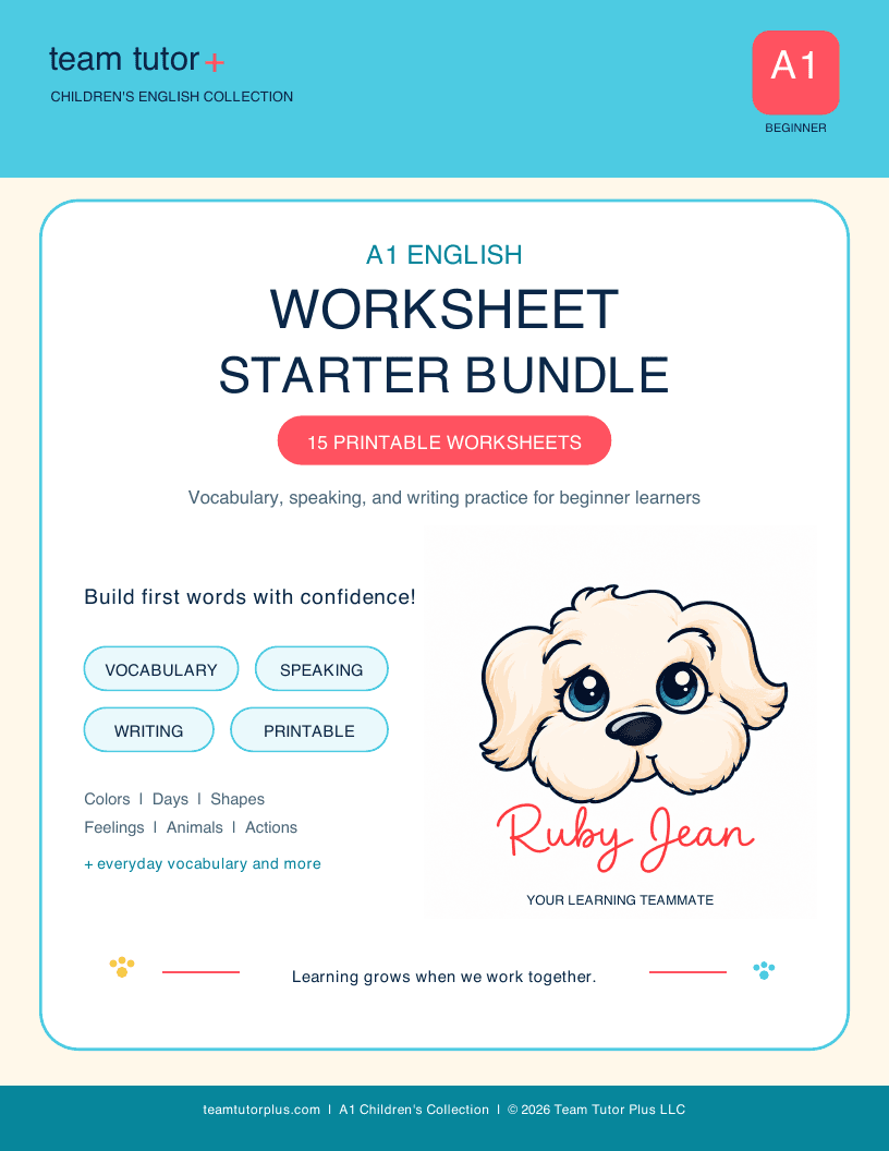 Cover of the Ruby Jean A1 English worksheet starter bundle