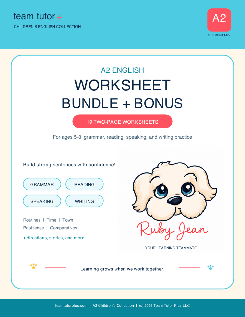 Cover of the Ruby Jean A2 English worksheet bundle with bonus