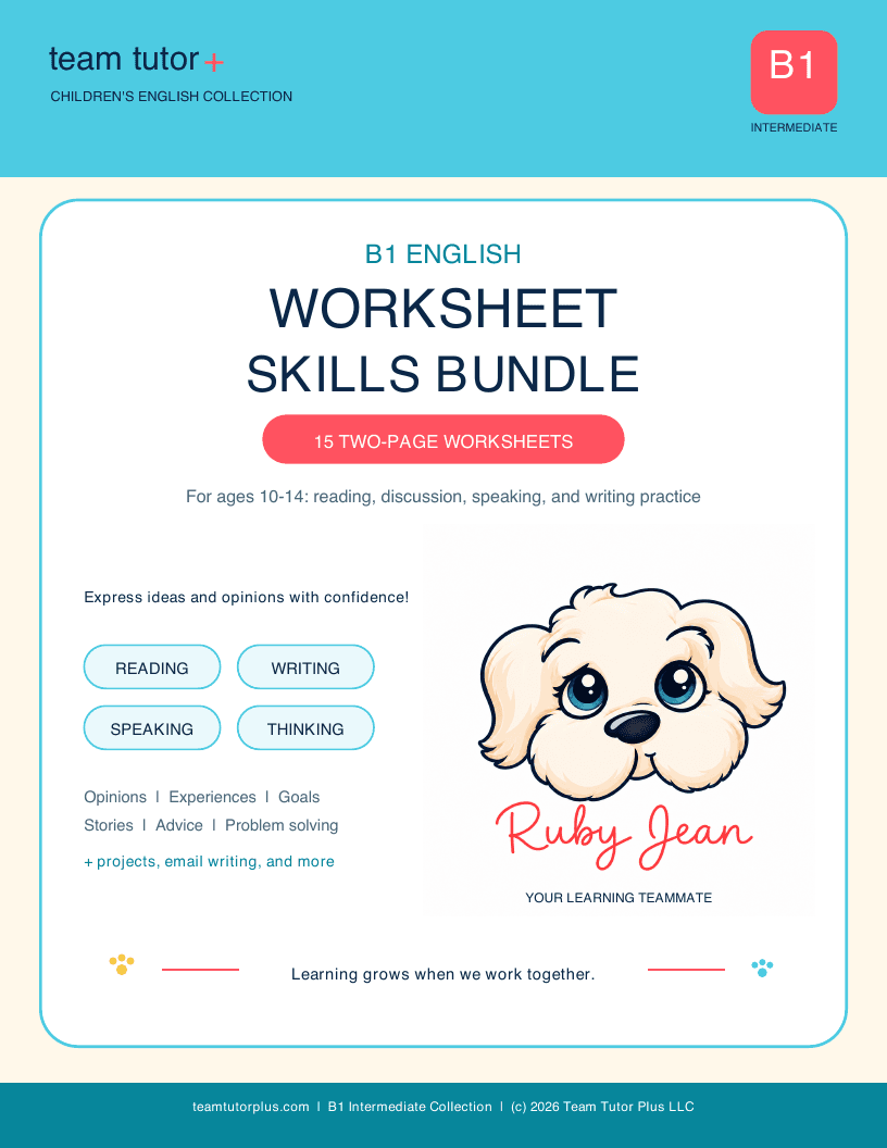 Cover of the Ruby Jean B1 English worksheet skills bundle