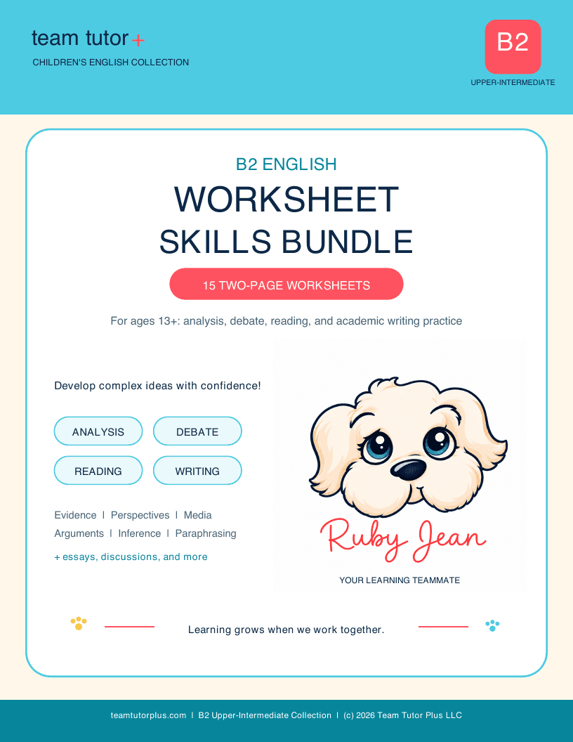 Cover of the Ruby Jean B2 English worksheet skills bundle