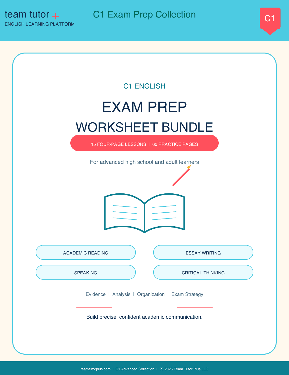 Cover of the Team Tutor C1 English exam prep worksheet bundle